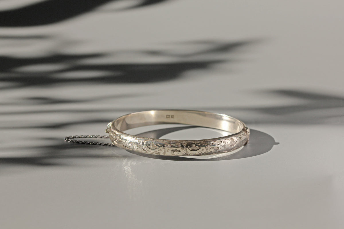 Vintage etched cuff bangle bracelet in sterling silver in sun