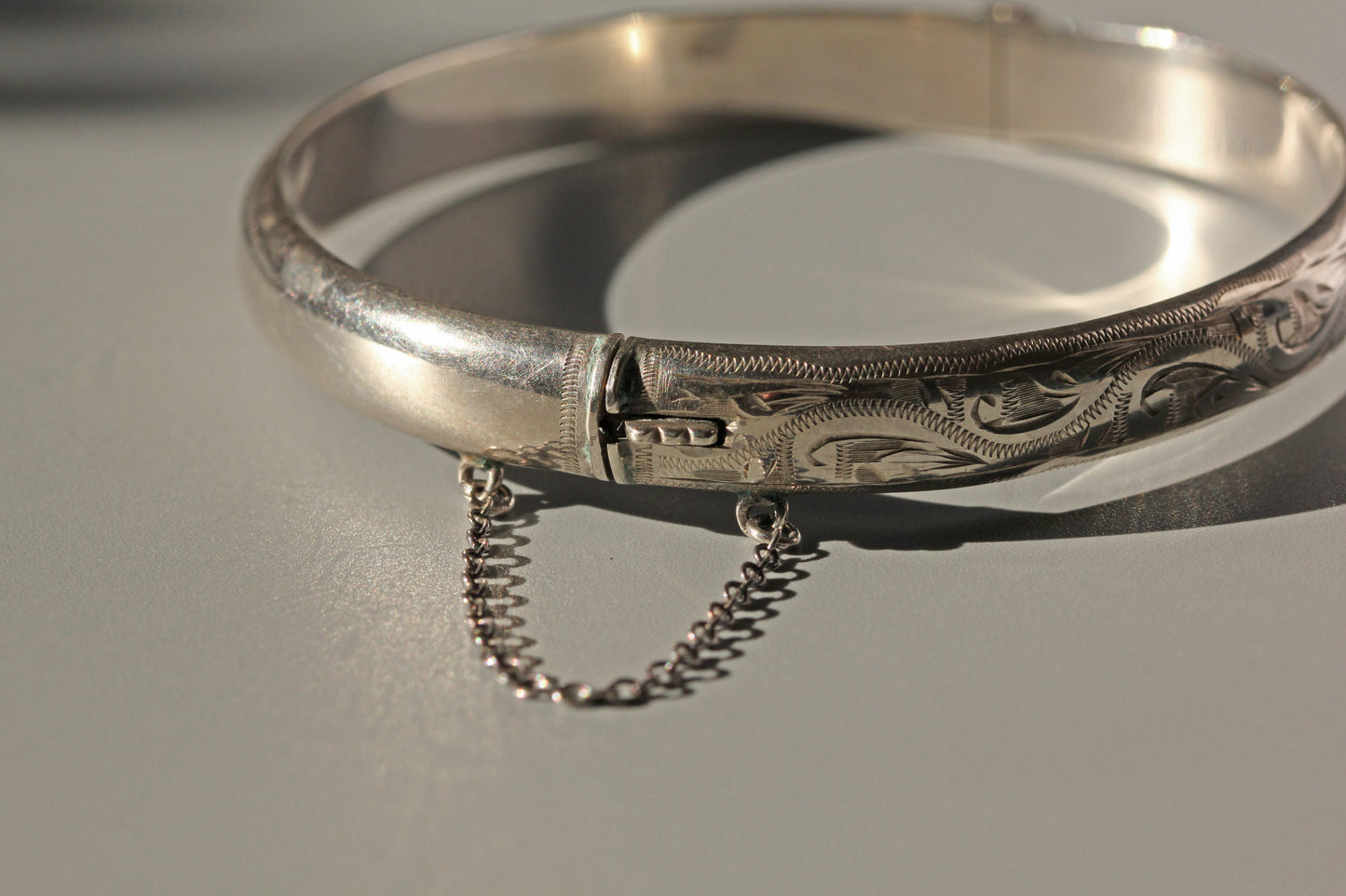 Vintage etched cuff bangle or bracelet, in sterling silver