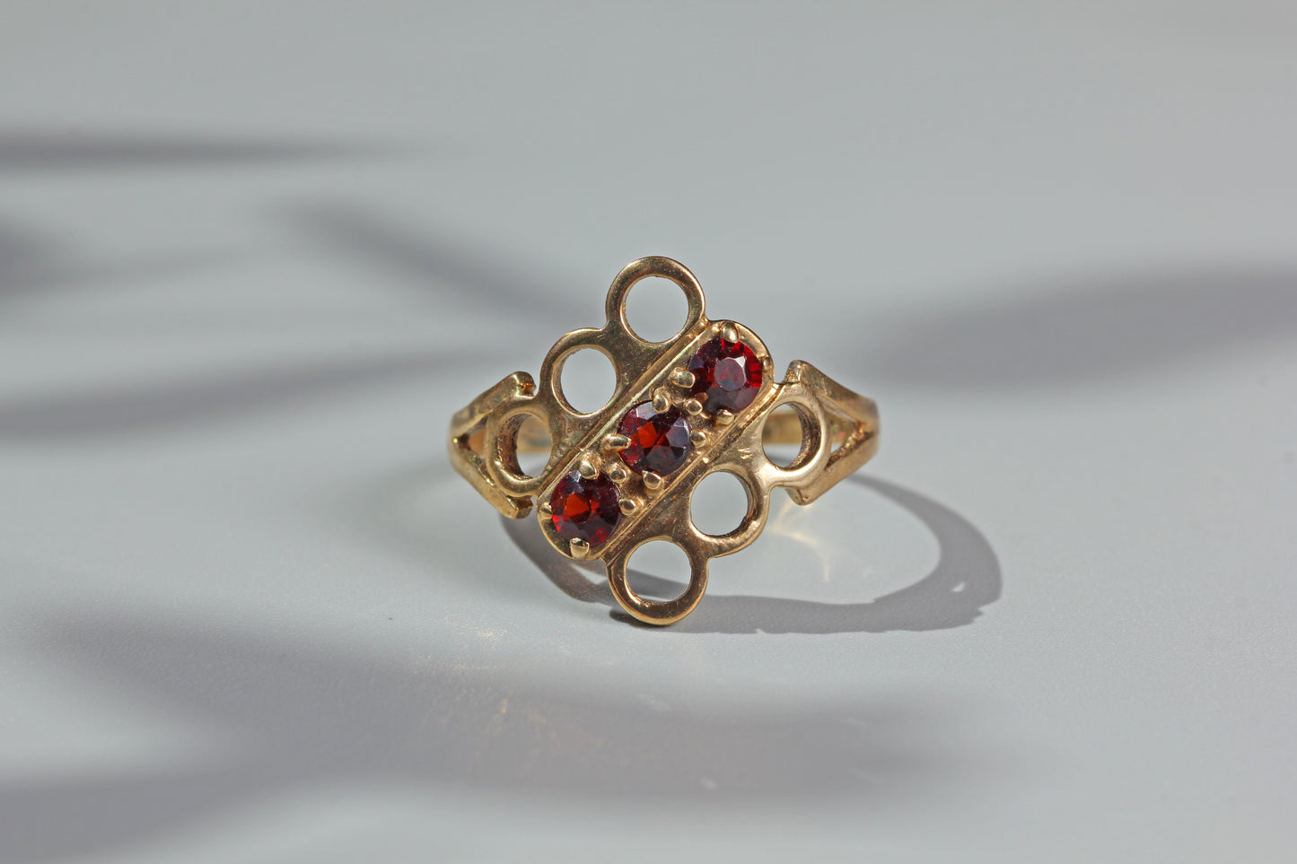 close up of unique vintage garnet ring