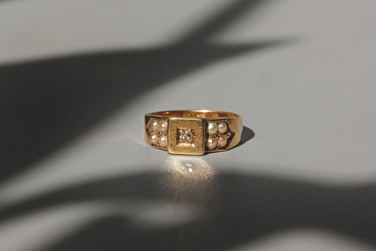 Victorian antique diamond and pearl band ring in 18ct gold details front profile