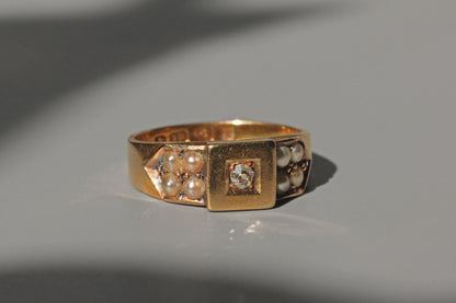 Antique victorian old cut diamond and pearl band ring, in 18 carat gold