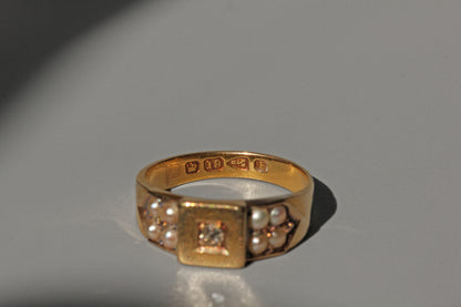 Antique victorian old cut diamond and pearl band ring, in 18 carat gold