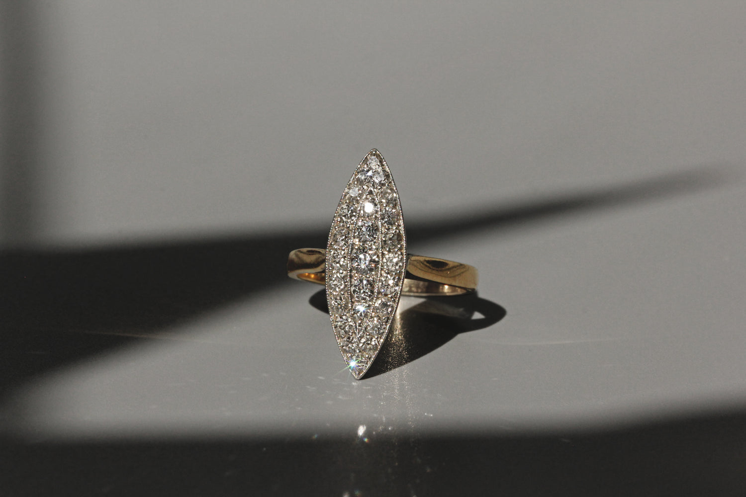 Antique Victorian old cut diamond navette ring in 18ct gold front profile 