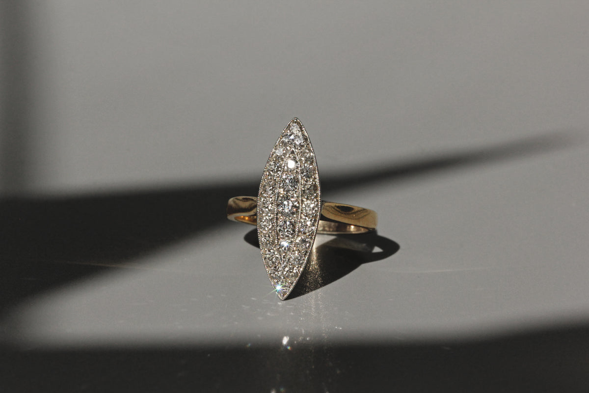 Antique Victorian old cut diamond navette ring in 18ct gold front profile