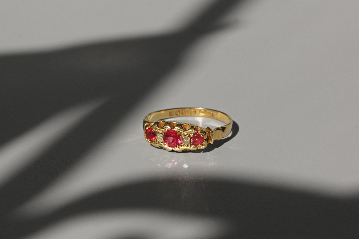 Antique victorian ruby and diamond boat ring, in 18 carat gold