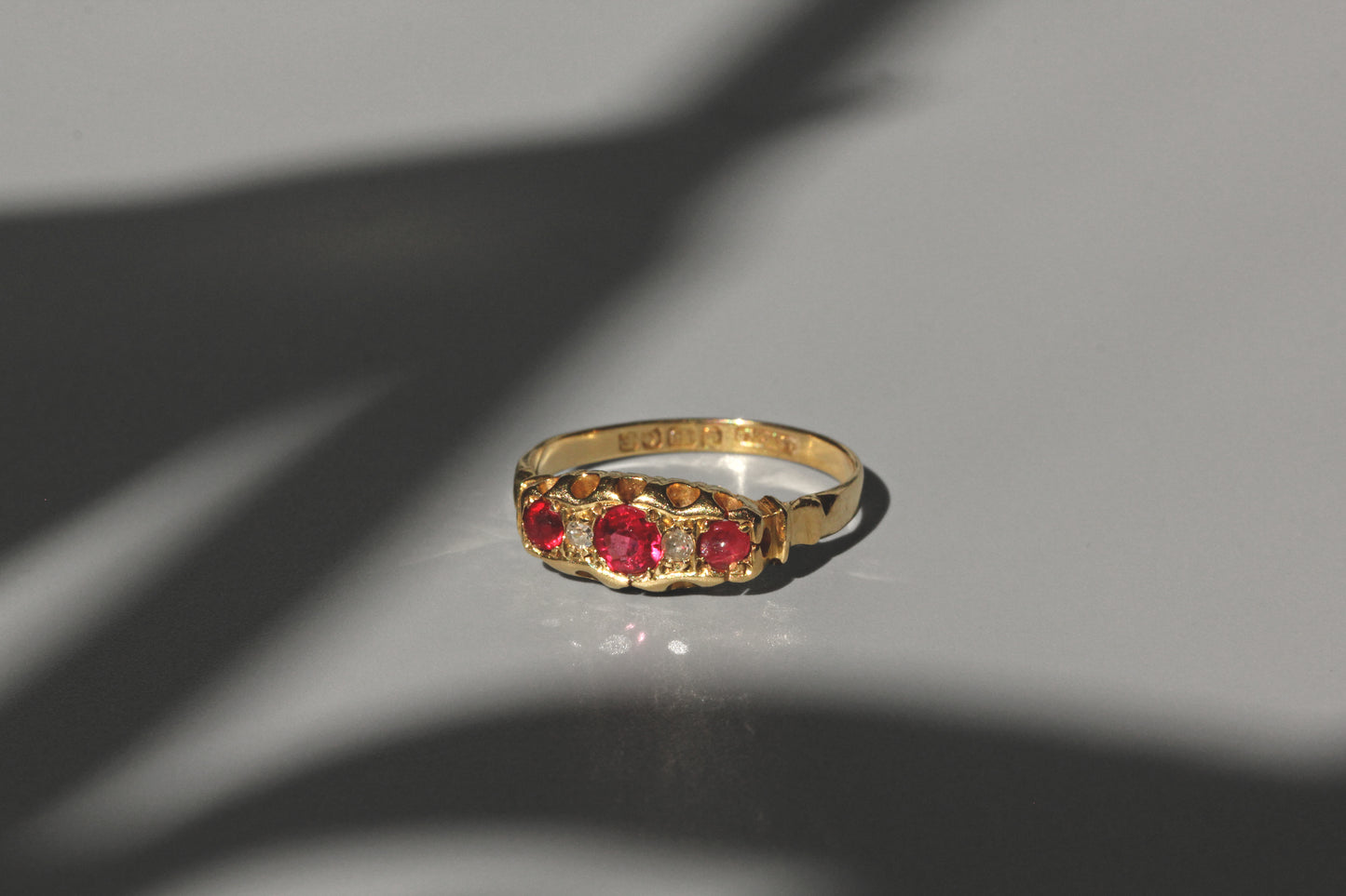 Antique victorian ruby and diamond boat ring, in 18 carat gold