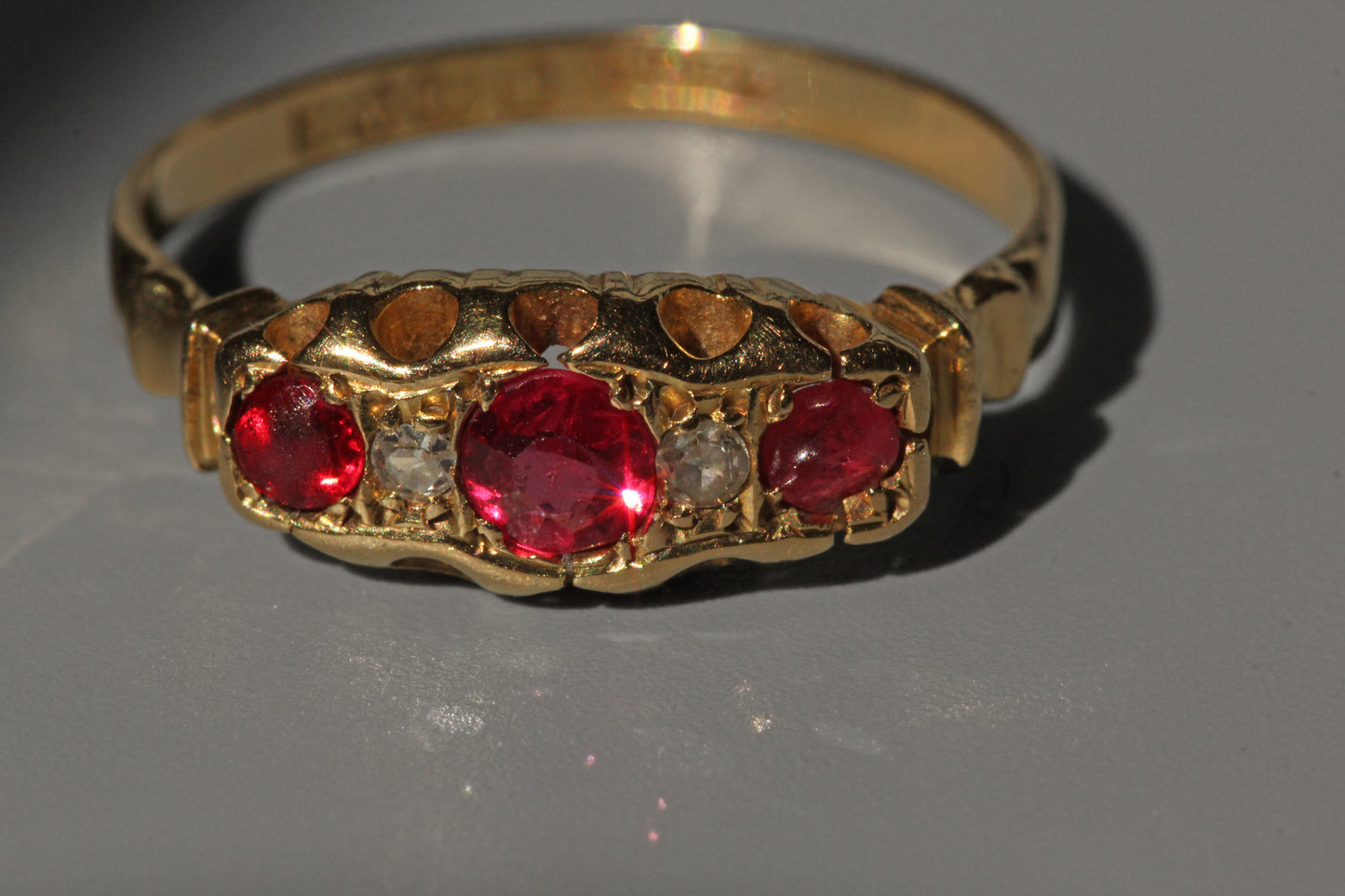Antique victorian ruby and diamond boat ring, in 18 carat gold