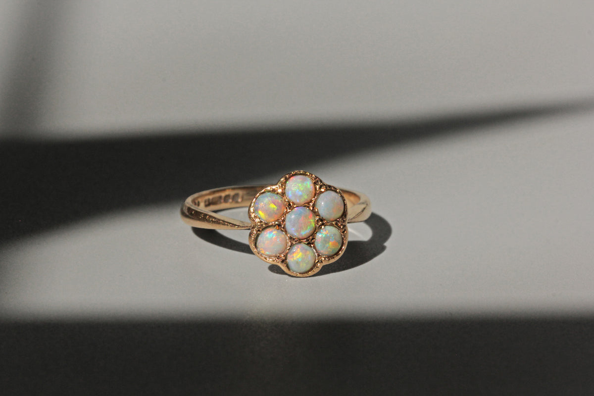 Vintage opal flower cluster ring in 9ct gold