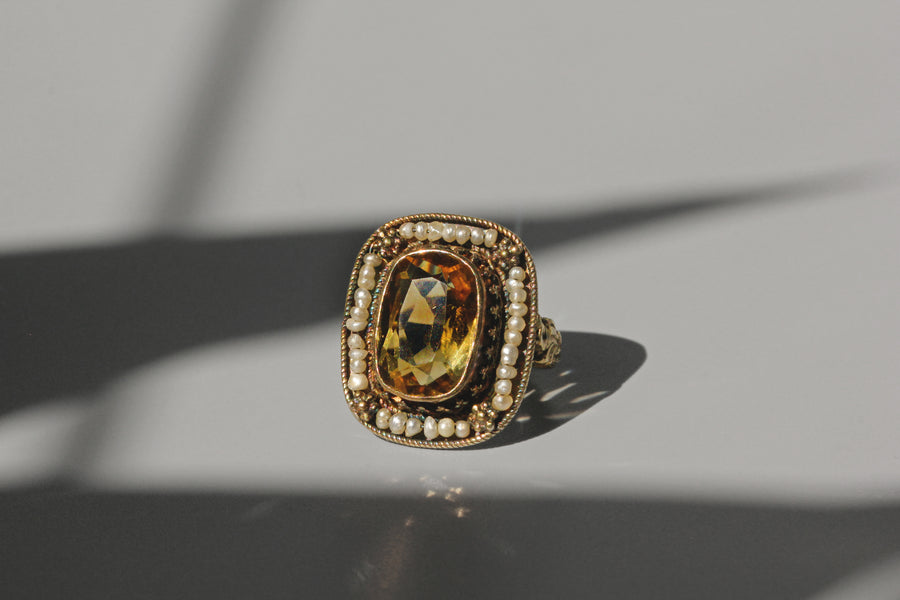 Georgian antique citrine and seed pearl ring in 9ct gold