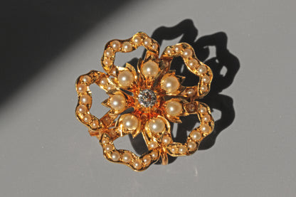 Antique victorian old cut diamond and pearl brooch pendant, in 15 carat gold
