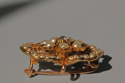 Antique victorian old cut diamond and pearl brooch pendant, in 15 carat gold