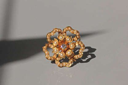 Antique victorian old cut diamond and pearl brooch pendant, in 15 carat gold