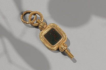 Antique bloodstone watch key with split ring, in 9 carat gold