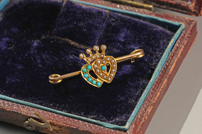 Victorian 15 carat gold Luckenbooth style brooch with turquoise and seed pearl double hearts
