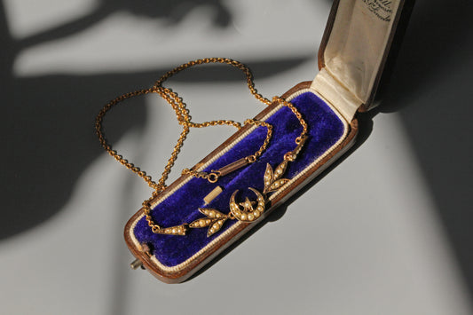 Antique victorian seed pearl crescent moon star necklace, in 9 carat gold