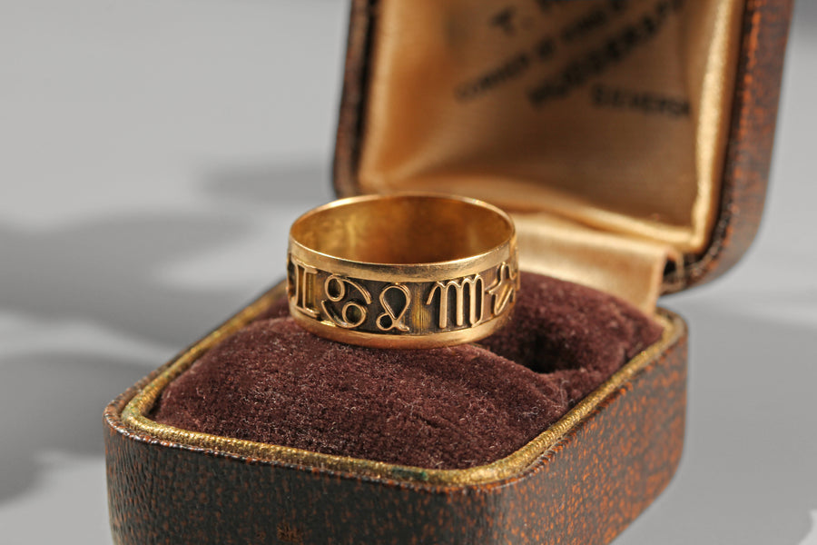 Vintage 18 carat gold zodiac band ring with openwork celestial symbols
