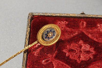 Antique victorian seed pearl & enamel pin, in 9 carat gold