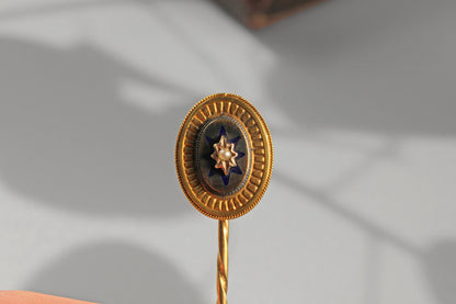 Antique victorian seed pearl & enamel pin, in 9 carat gold