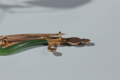 Antique nephrite, ruby & pearl scimitar brooch, in 9 carat gold