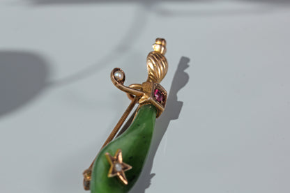 Antique nephrite, ruby & pearl scimitar brooch, in 9 carat gold