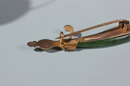 Antique nephrite, ruby & pearl scimitar brooch, in 9 carat gold