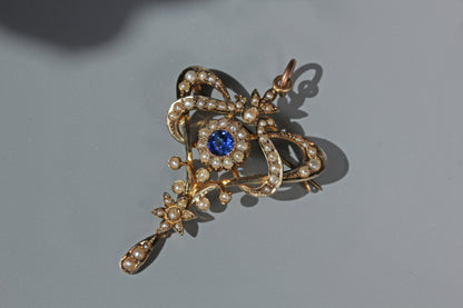Antique pearl & blue paste lavaliere pendant, in 9 carat gold
