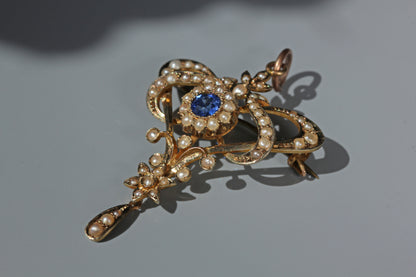 Antique pearl & blue paste lavaliere pendant, in 9 carat gold