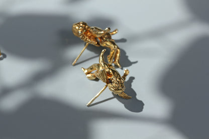 Vintage renaissance cherub stud earrings, in silver gilt