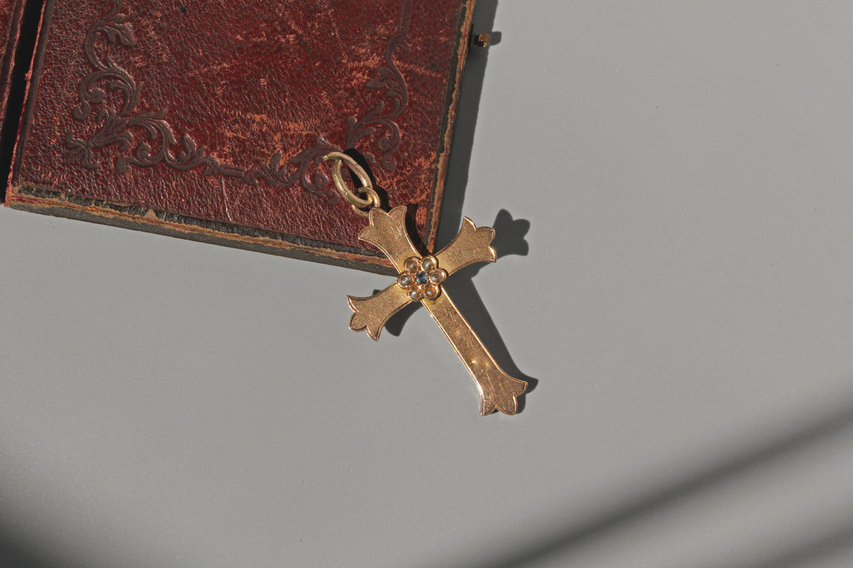 Antique victorian gold crucifix pendant with pearls and sapphire