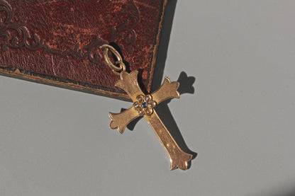 Antique victorian gold crucifix pendant with pearls and sapphire on antique box