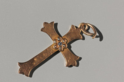 Antique victorian sapphire and seed pearl crucifix pendant, in 9 carat gold
