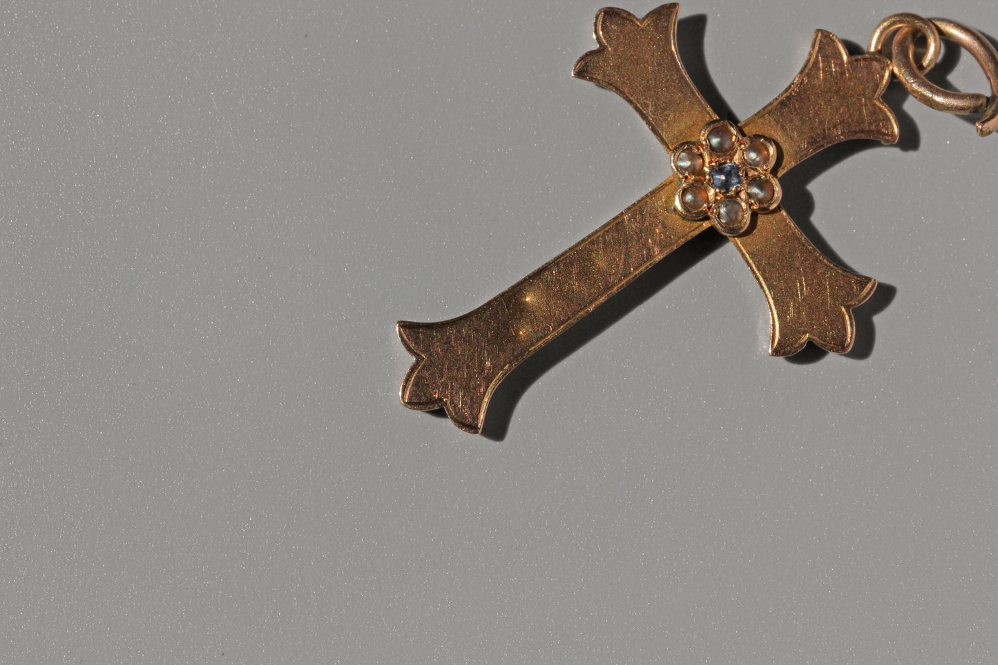 Antique victorian sapphire and seed pearl crucifix pendant, in 9 carat gold