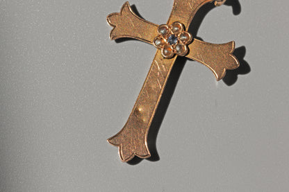 Antique victorian sapphire and seed pearl crucifix pendant, in 9 carat gold