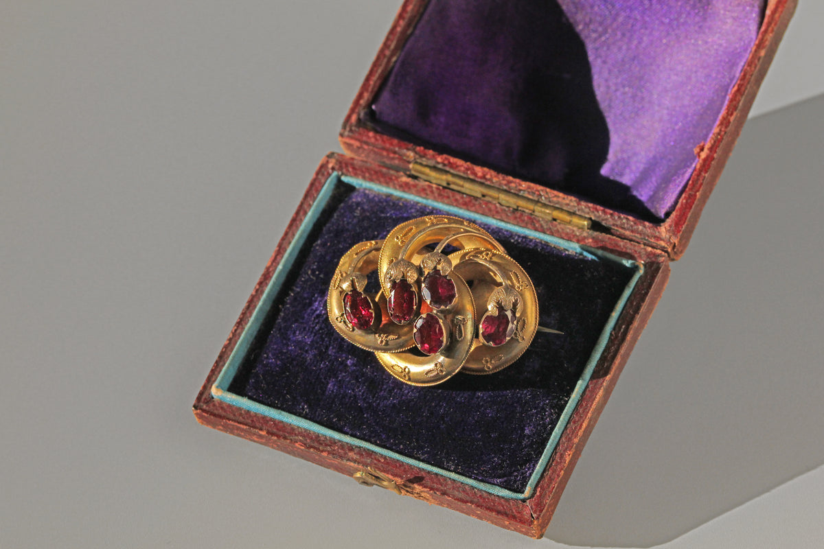 Antique Victorian Etruscan almandine garnet brooch in antique jewellery box