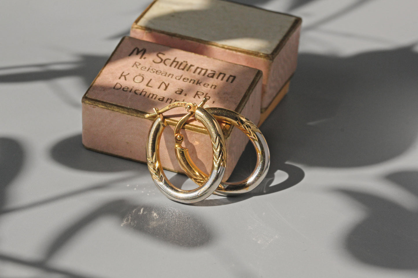 Vintage two tone creole hoop earrings, in 9 carat gold