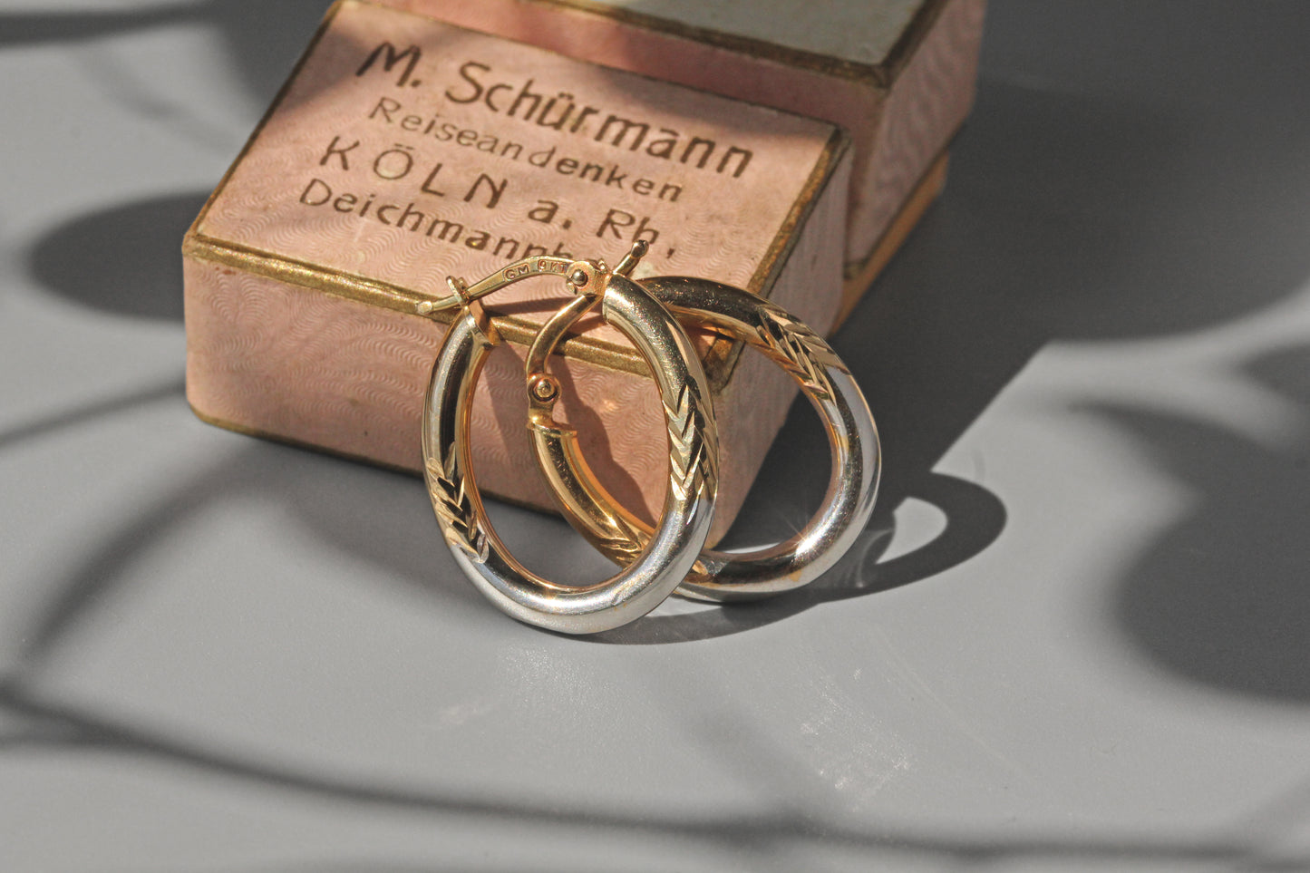 Vintage two tone creole hoop earrings, in 9 carat gold