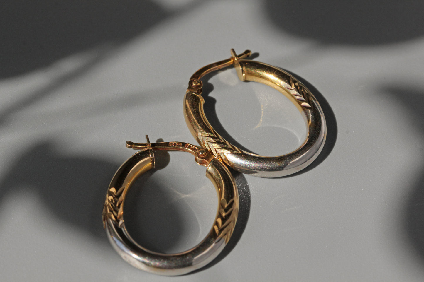 Vintage two tone creole hoop earrings, in 9 carat gold