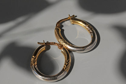 Vintage two tone creole hoop earrings, in 9 carat gold
