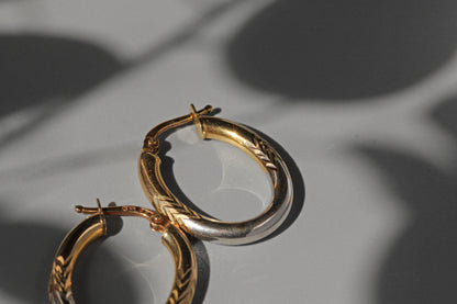 Vintage two tone creole hoop earrings, in 9 carat gold