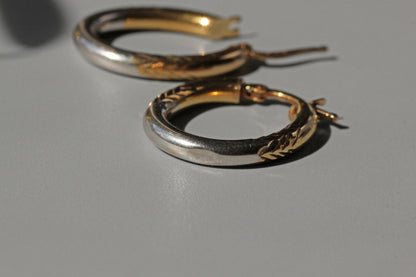 Vintage two tone creole hoop earrings, in 9 carat gold