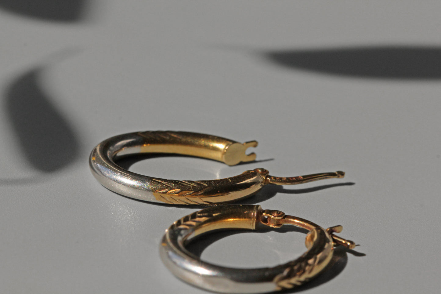 Vintage two tone creole hoop earrings, in 9 carat gold