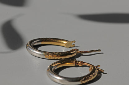 Vintage two tone creole hoop earrings, in 9 carat gold