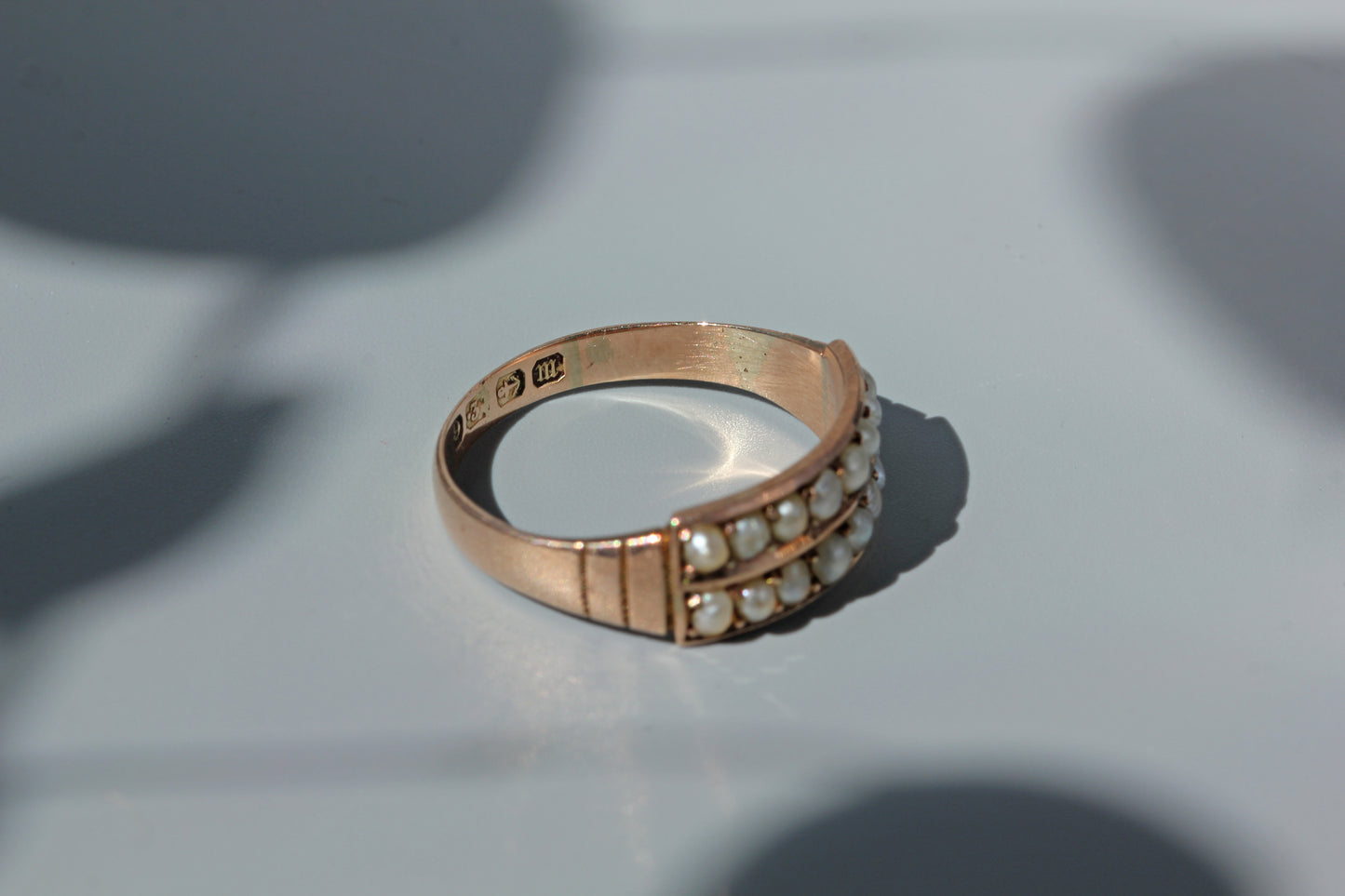 Antique victorian half hoop pearl band ring, in 9 carat gold