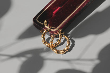 Vintage bamboo hoop earrings in 9 carat gold in antique jewellery box