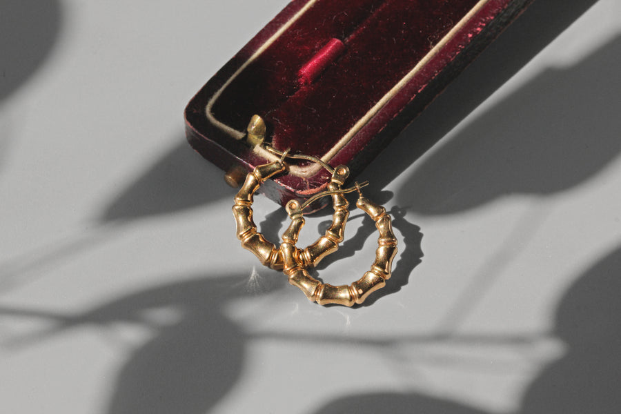 Vintage bamboo hoop earrings in 9 carat gold in antique jewellery box