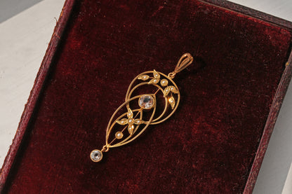 Antique art nouveau zircon & seed pearl lavaliere pendant, in 9 carat gold