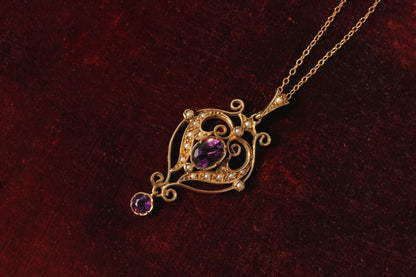 Vintage amethyst & pearl lavaliere pendant necklace, in 9 carat gold