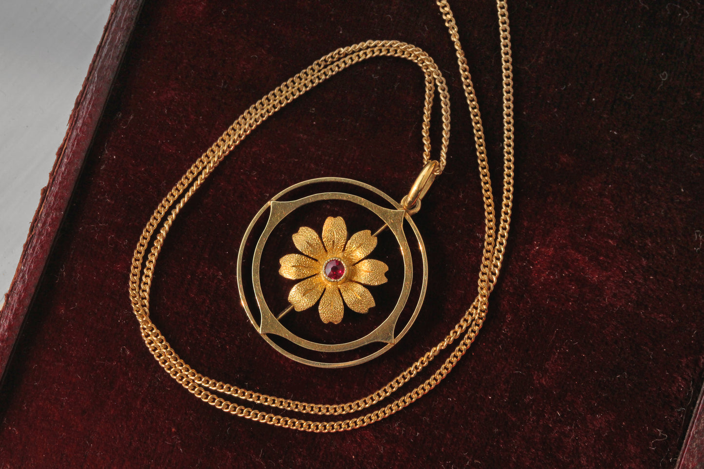 Antique victorian cosmos flower ruby pendant necklace, in 15 carat gold