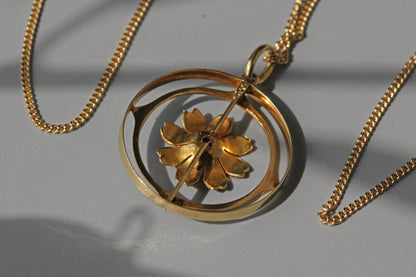Antique victorian cosmos flower ruby pendant necklace, in 15 carat gold