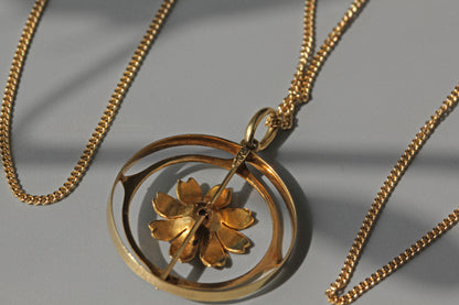 Antique victorian cosmos flower ruby pendant necklace, in 15 carat gold